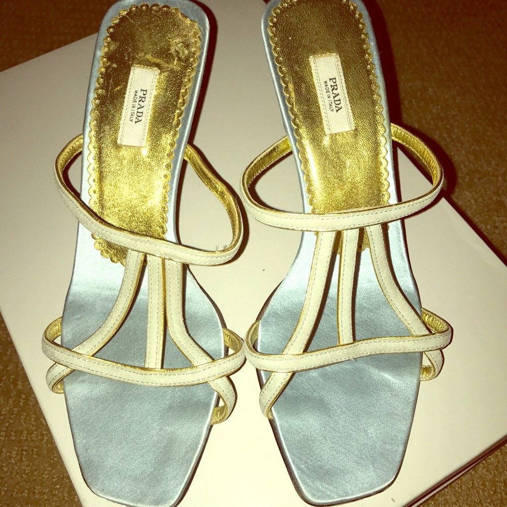 BABY BLUE AND GOLD PRADA HEELS